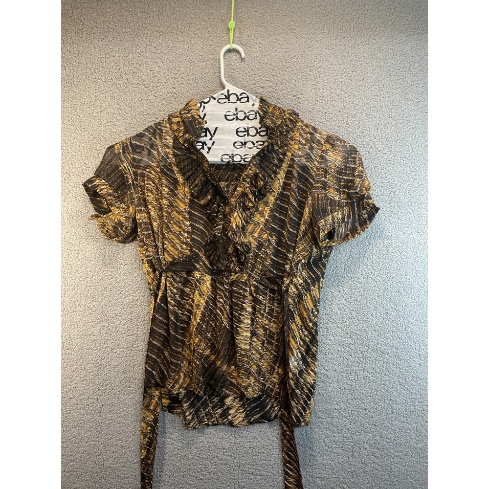 New York And Company Sheer Pullover‎ Top Brown Pattern Ties in Back XL